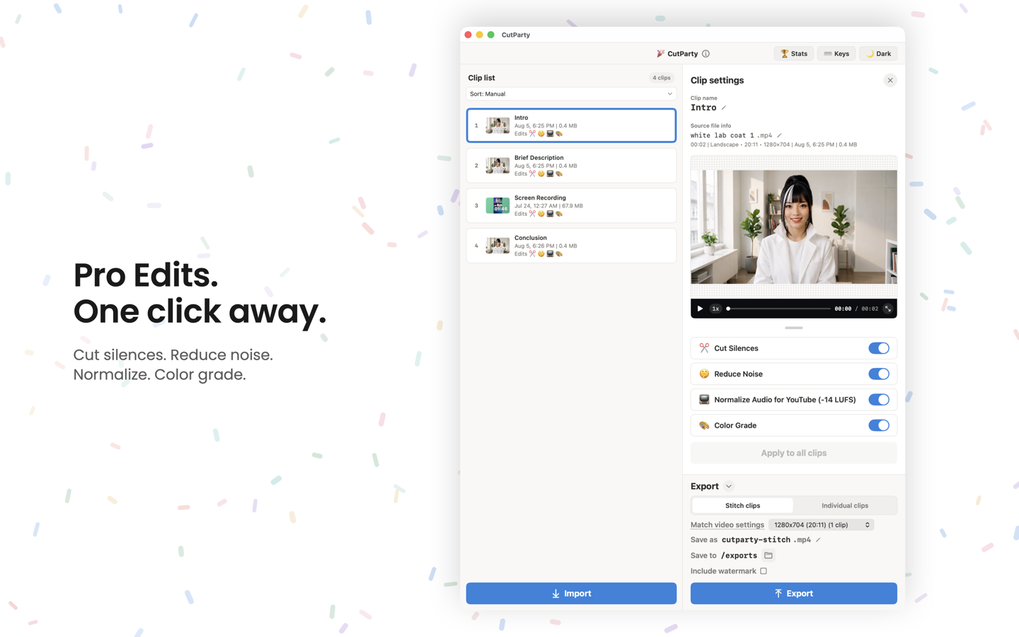 CutParty clip settings with per-clip edits and a live video preview