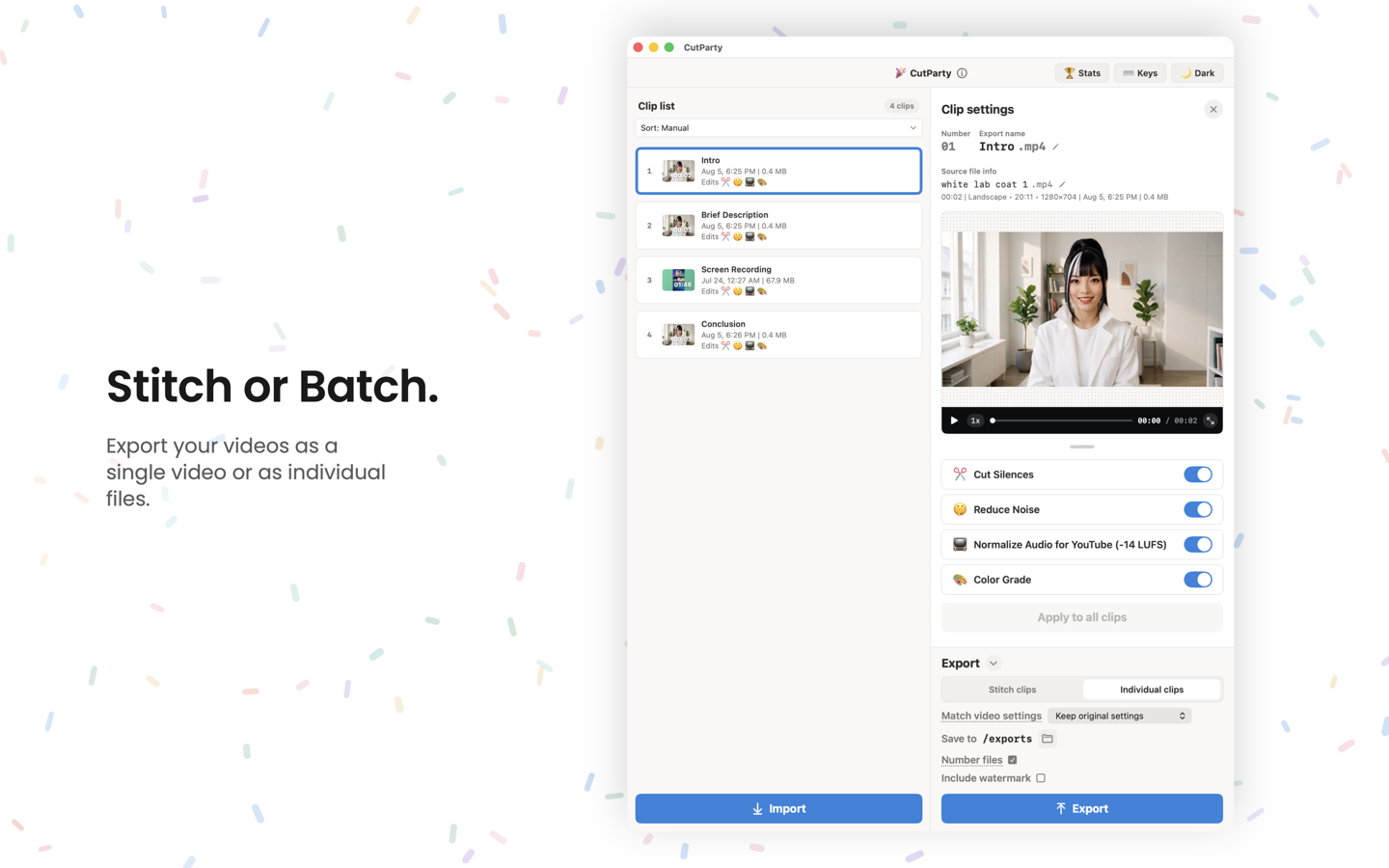 Stitch or export clips individually